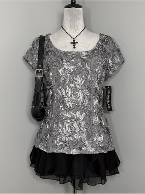 NWT Vintage Helene Blake Silver Embroided Lace + Roses Evening Top